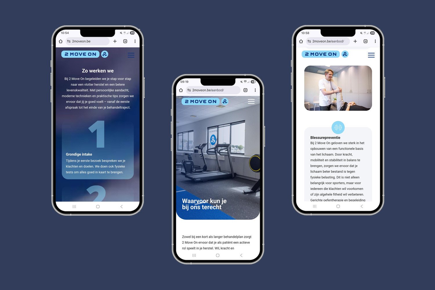 Brandle - Website voor 2 Move On Drie smartphones naast elkaar tonen verschillende pagina’s van de responsieve 2 Move On-website, waaronder de werkwijze, een oefenruimte en een behandelsessie.