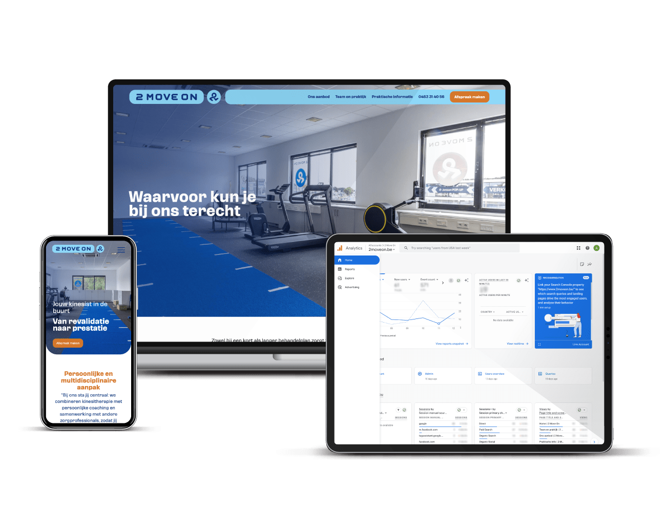 Responsieve weergave van de 2 Move On-website op laptop, tablet en smartphone met een praktijkruimte en fitnessapparatuur voor kinesitherapie.