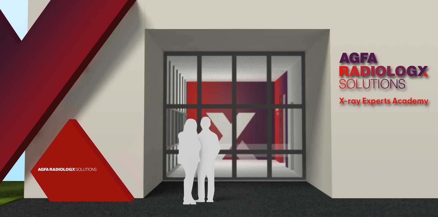 3D afbeelding van een gevel voor Agfa Radiology Solutions met rechts het logo. In het midden staan contouren van een man en een vrouw.