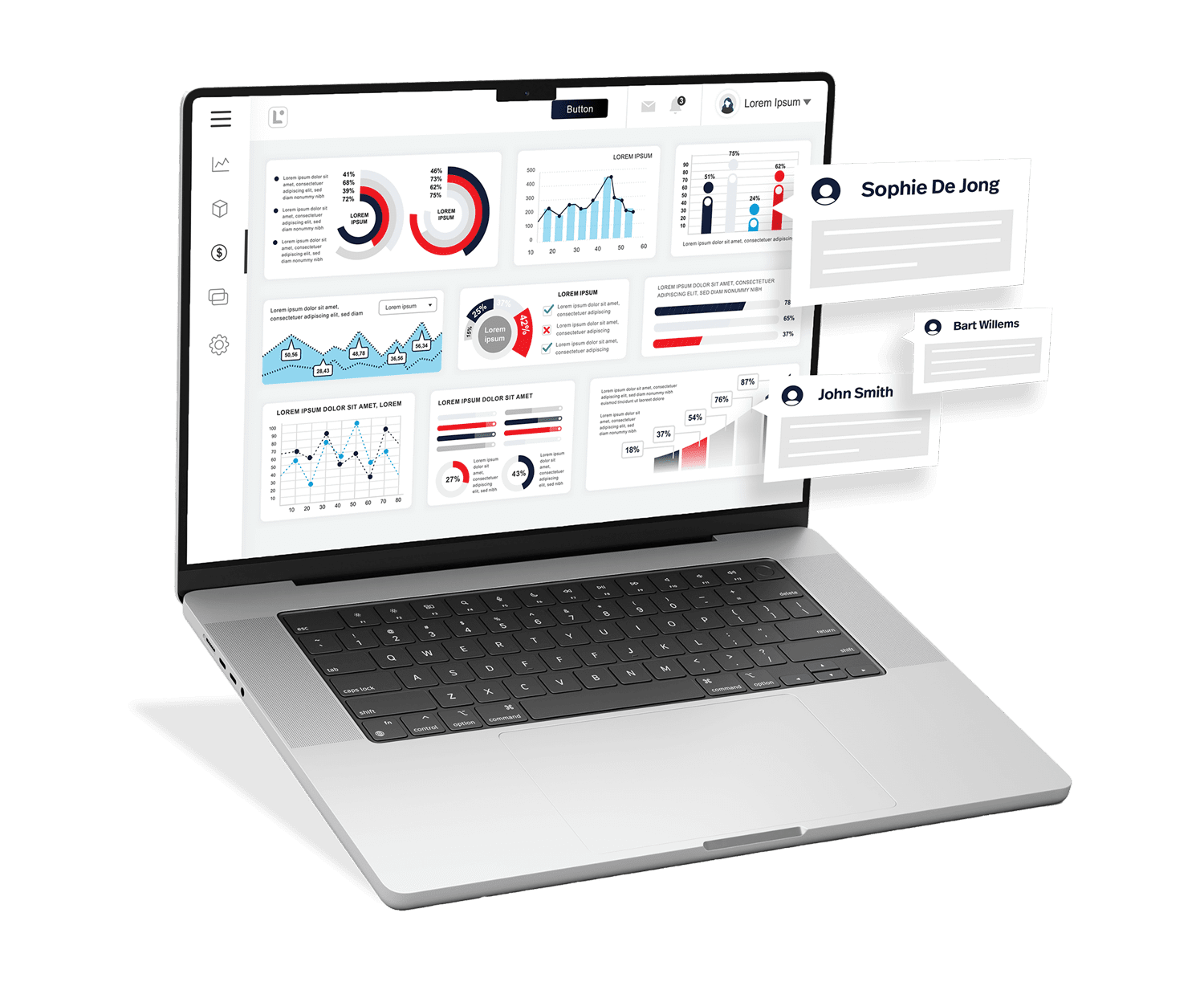 Datavisualisatie en employer-branding analytics Laptop met een HR-dashboard vol grafieken, statistieken en gebruikerskaarten, die inzicht geven in employer-branding en rekruteringsdata.