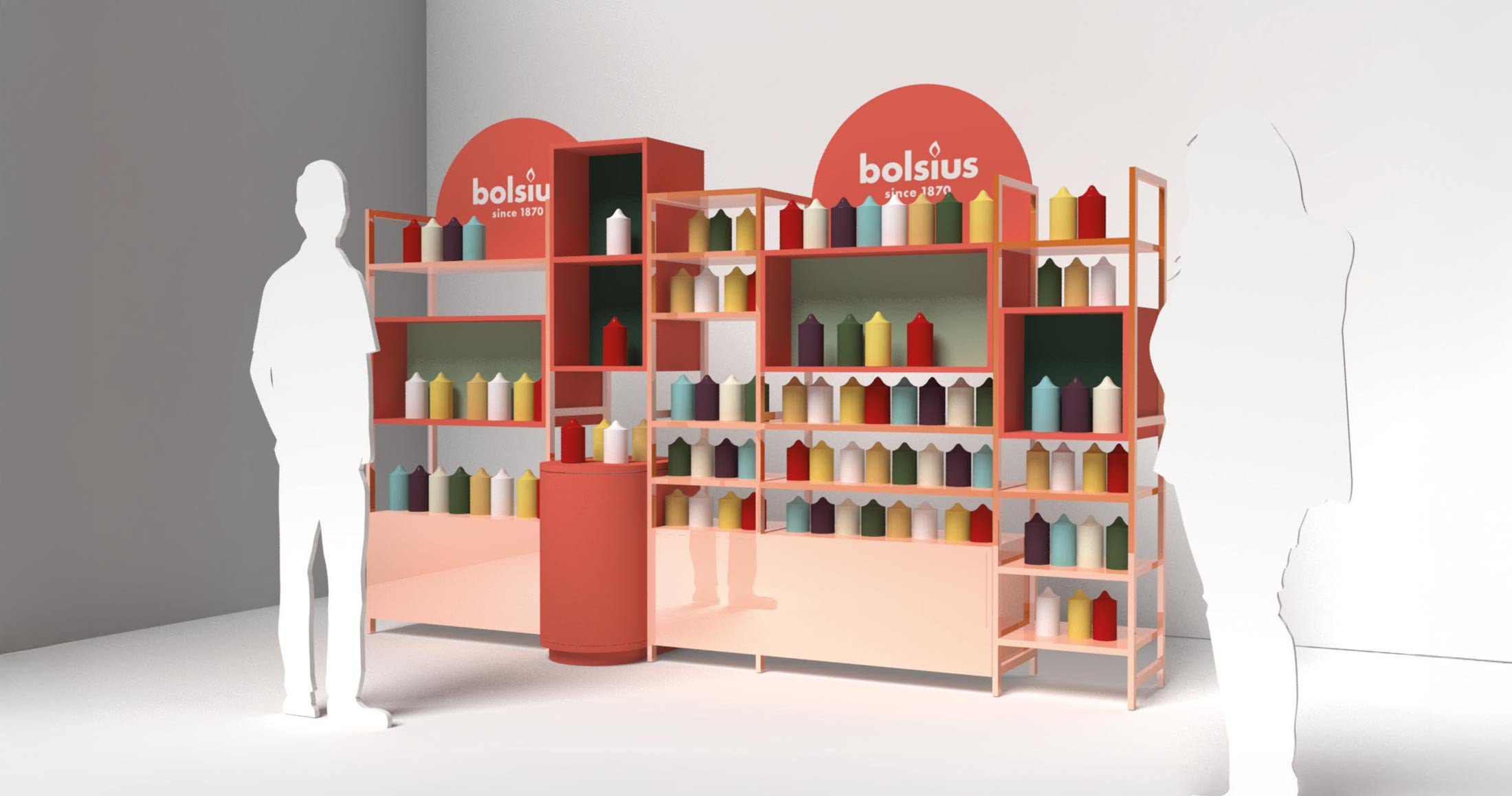 3D-visualisatie van een Bolsius winkel- of beursdisplay met kleurrijke kaarsen en merklogo.
