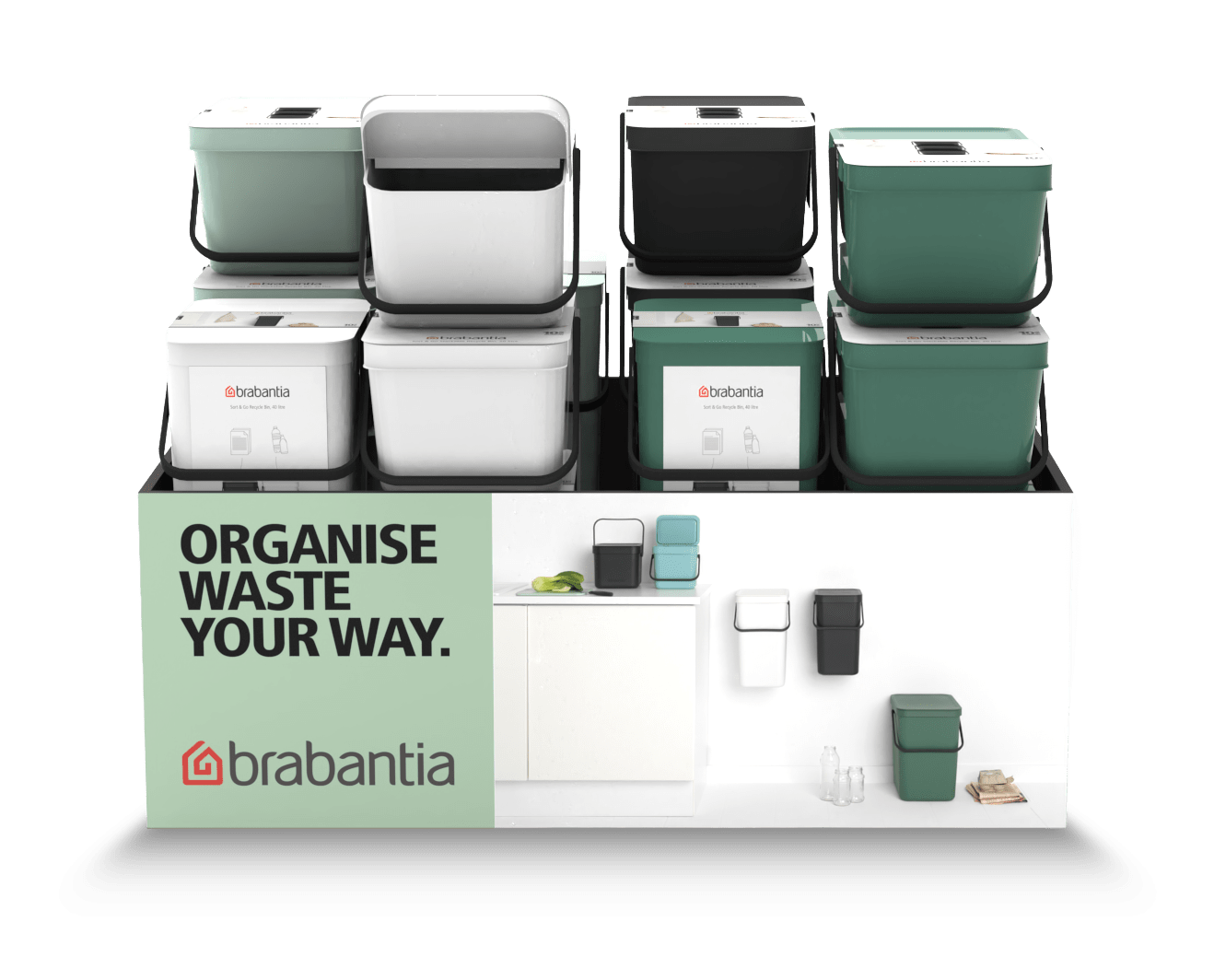 Display met Brabantia Sort & Go afvalemmers in verschillende kleuren, gepresenteerd met campagne-boodschap “Organise waste your way”.