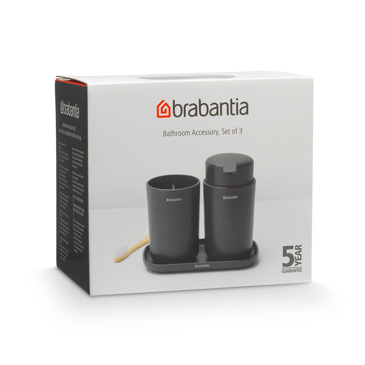 Productverpakking van Brabantia badkameraccessoires, set van drie in mat zwart, met productfoto en garantieaanduiding.