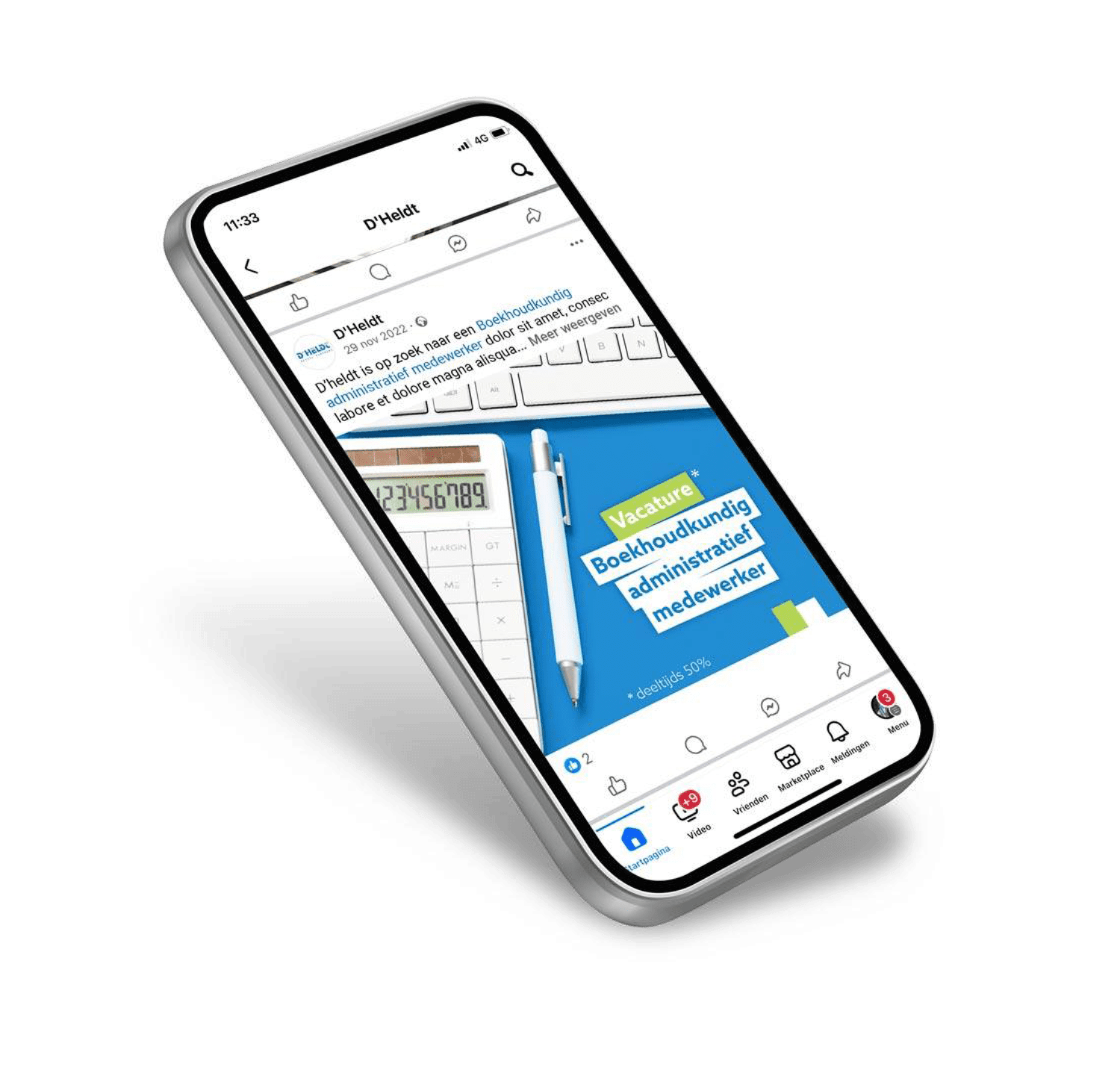 Brandle - Social media post voor Dheldt employer branding Smartphone met een social media post voor een vacature ‘Boekhoudkundig administratief medewerker’, weergegeven in een professionele bedrijfsstijl.