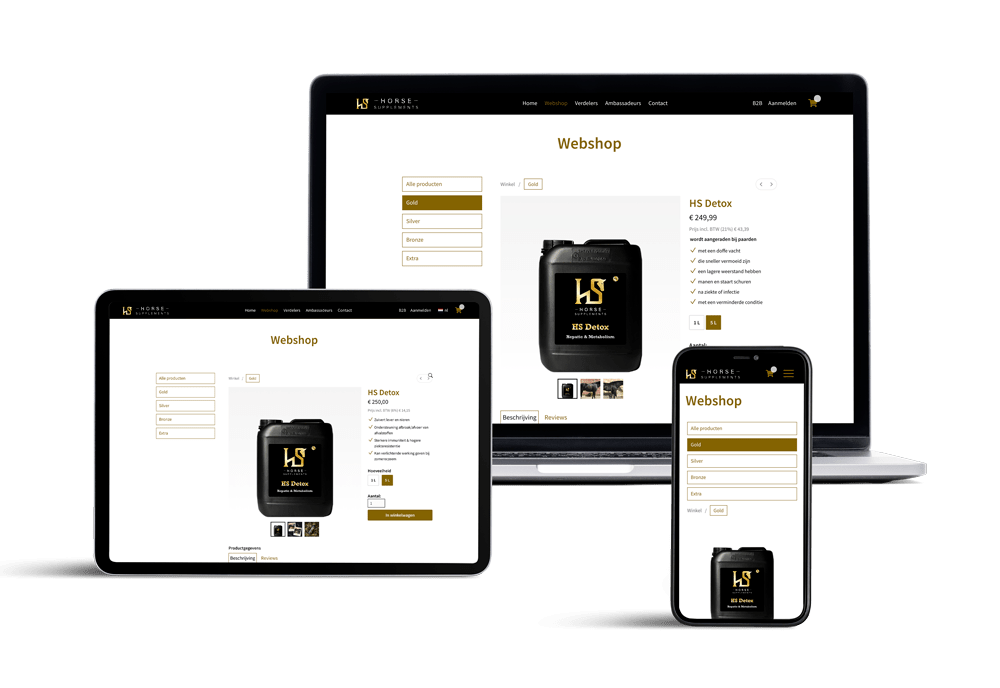 Webshopinterface van Horse Supplements getoond op laptop, tablet en smartphone.