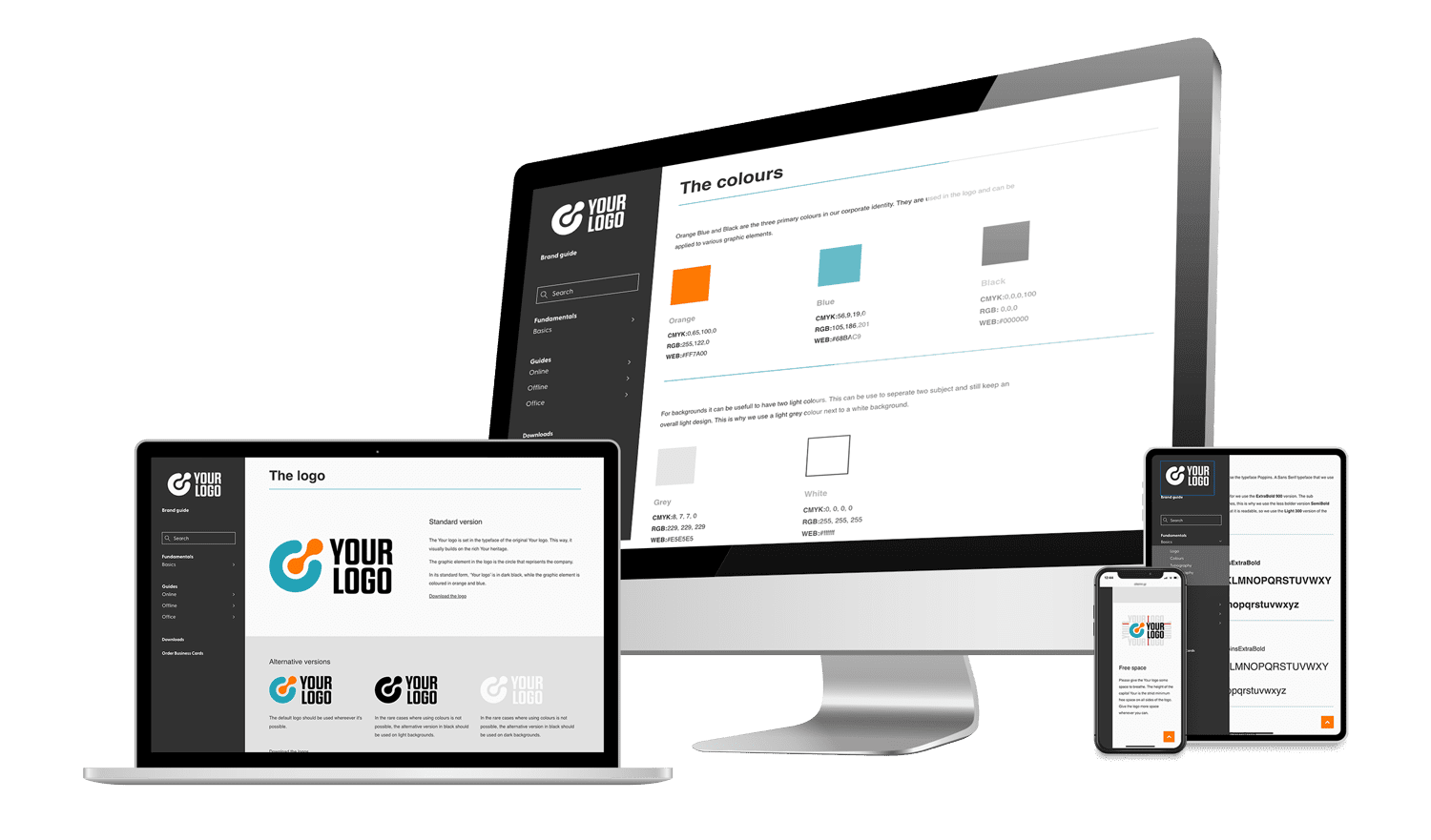 Digitaal brand guideline platform getoond op laptop, desktop en smartphone met logo-, kleur- en typografierichtlijnen.