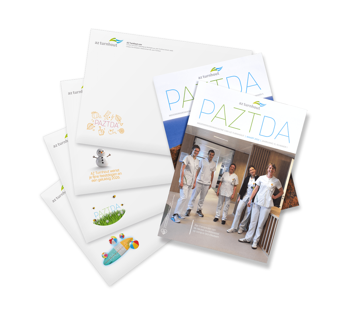 Brandle - Magazines met gepersonaliseerde enveloppen voor AZ Turnhout Set Paztda-enveloppen en magazines met speelse illustraties en frisse huisstijl