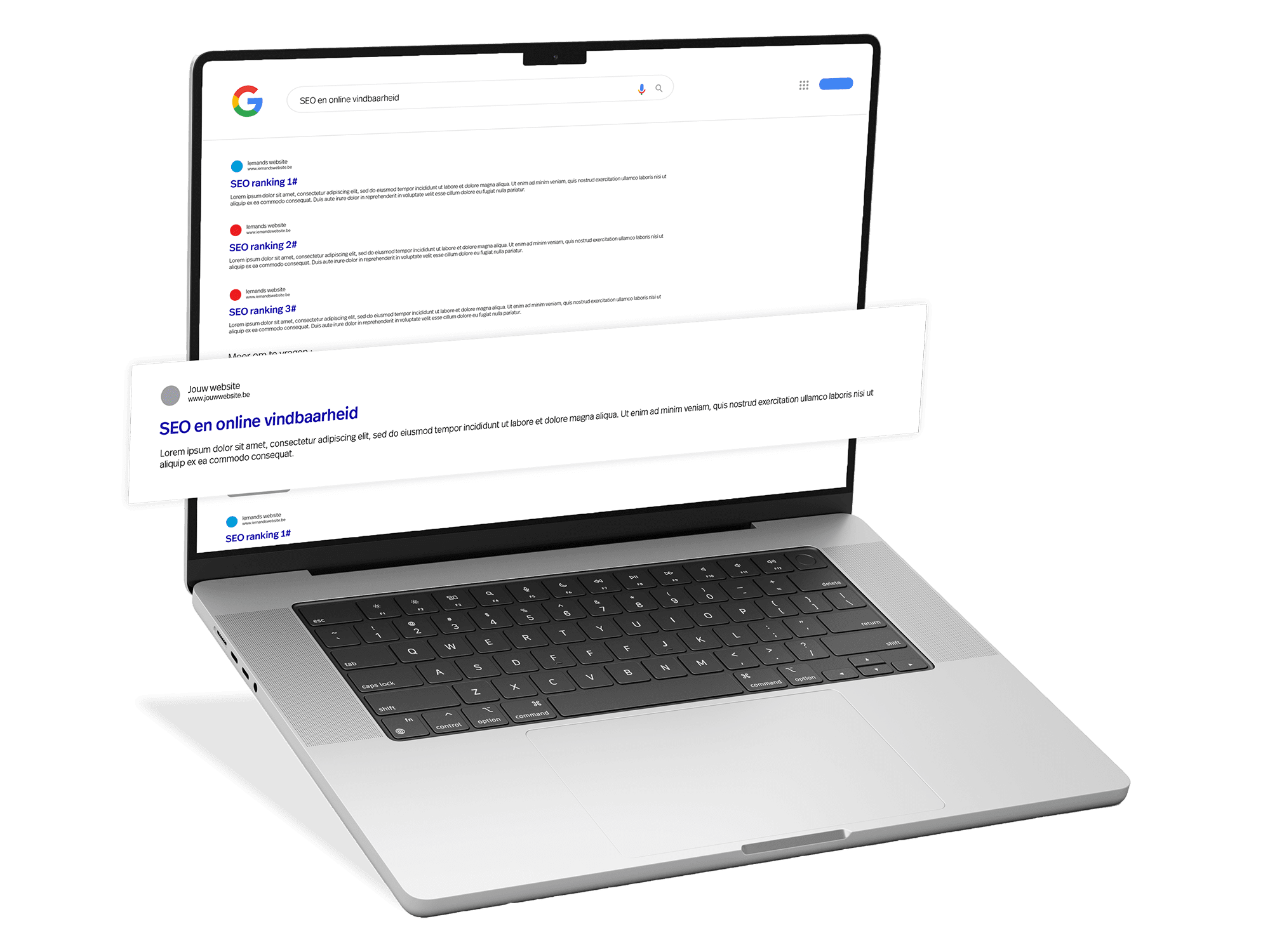 Laptop met Google-zoekresultaten en overlay die SEO en online vindbaarheid visualiseert.