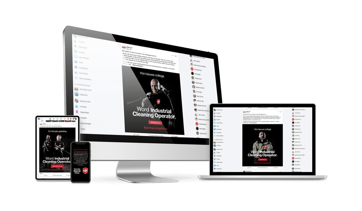 Verschillende apparaten tonen social media visuals voor de employer brandingcampagne van Smet Jet met oproep ‘Word Industrial Cleaning Operator’.