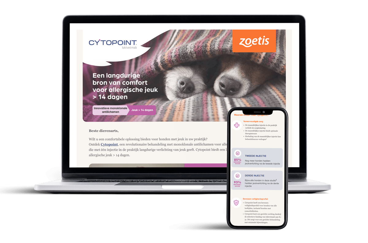 Marketingmail van Zoetis over Cytopoint op laptop en smartphone, met informatie over langdurige verlichting van allergische jeuk bij honden.