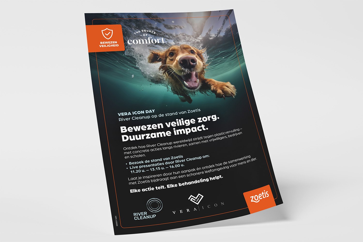Promotionele poster met een foto van een hond die onderwater naar de camera zwemt. De poster bevat informatie over &lsquo;Vera Icon Day&rsquo; en de samenwerking tussen Zoetis en River Cleanup, met tekst over bewezen veilige zorg en duurzame impact.